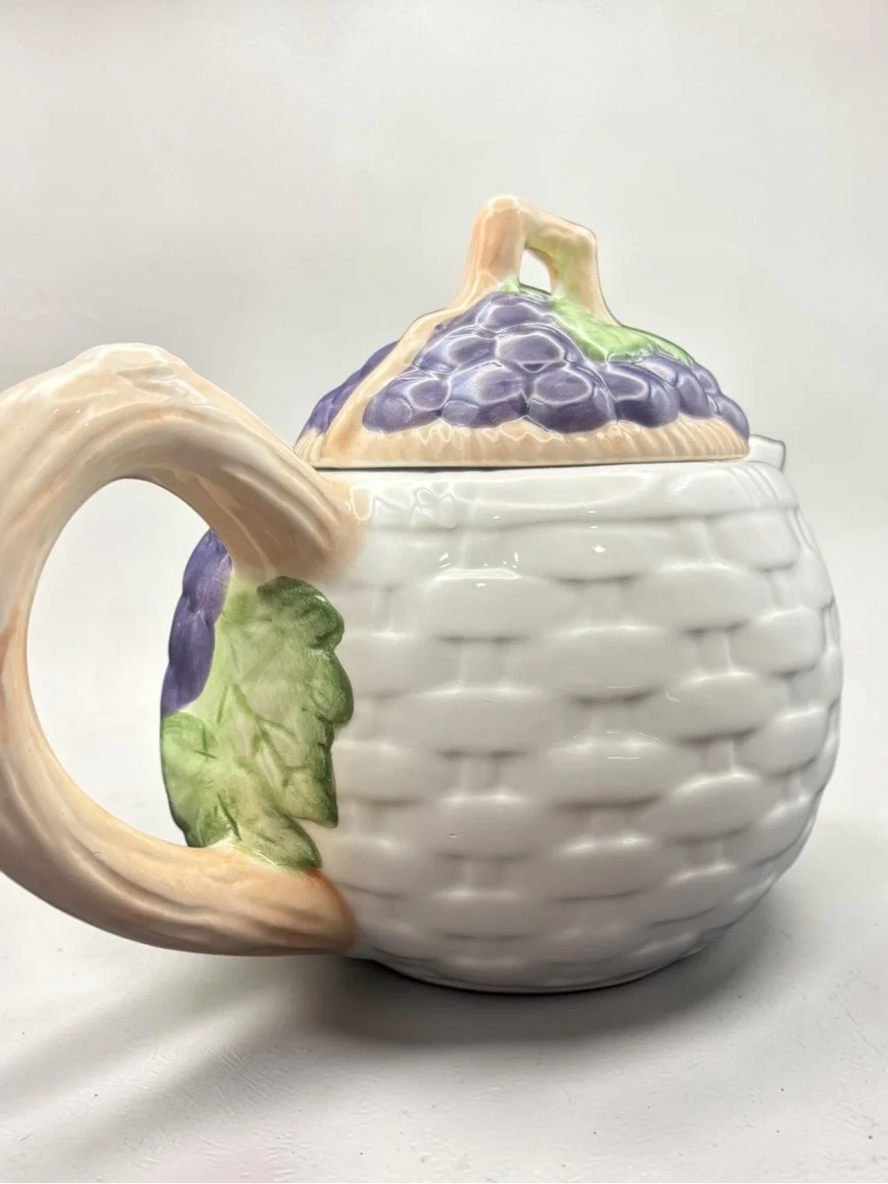 Vintage 1994 CKAO Ceramic Basket Weave W/ Fruit Design Tea Pot W/ Lid 7” Tall